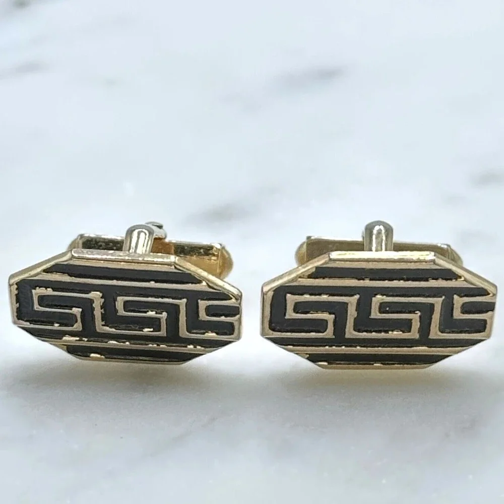 Vintage SWANK Gold Tone & Black Meander Greek Pattern Bullet Back Cufflinks